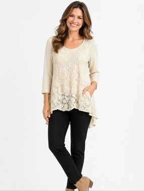 Feratelli Ivory Floral Lace Tunic Top Med Bohemian Hi Low Cottagecore